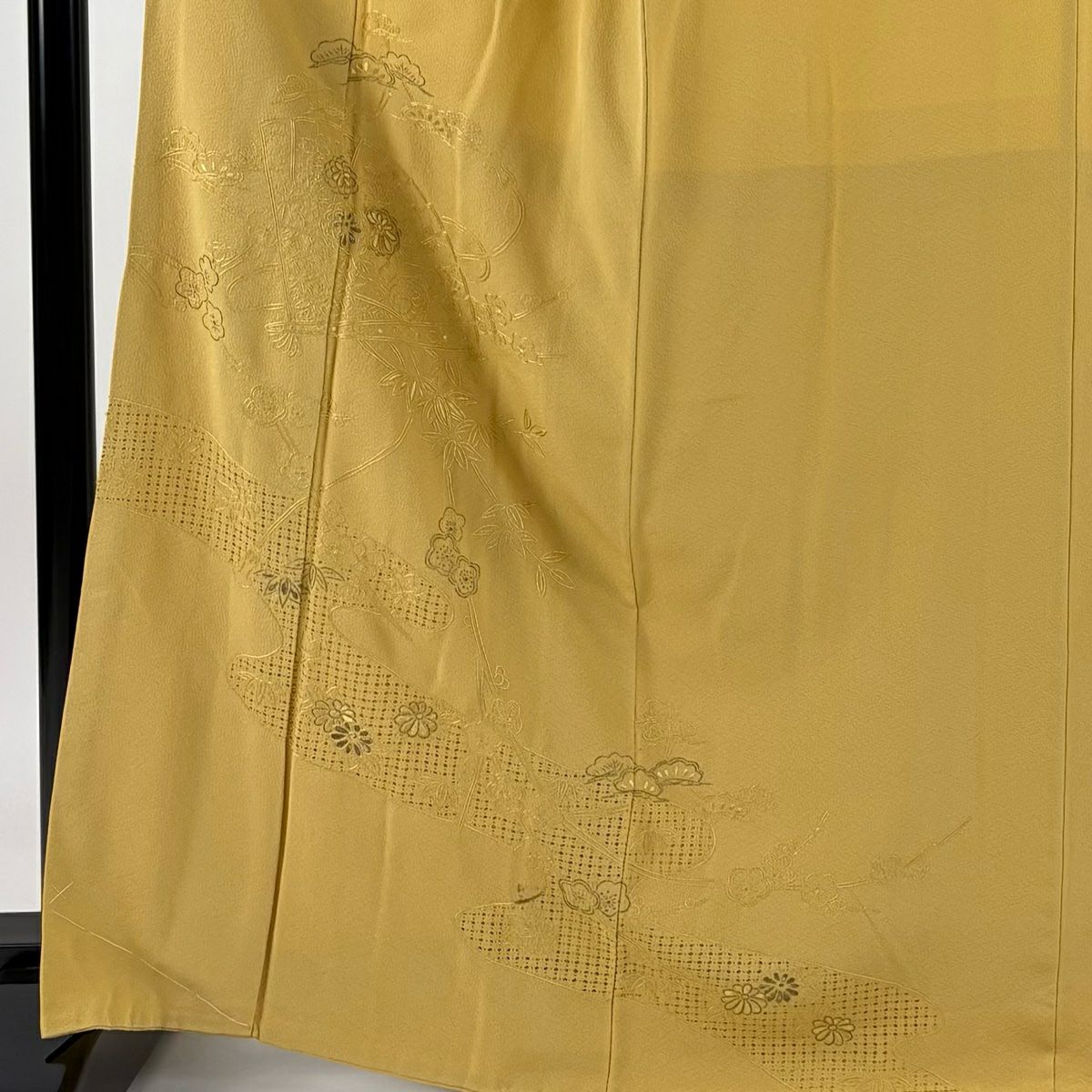 訪問服 身長167.5cm 袖長67.5cm L 雙層 檜扇子 松樹竹子梅花 刺繡 金糸 淡黃土色 純蠶絲 秀品級