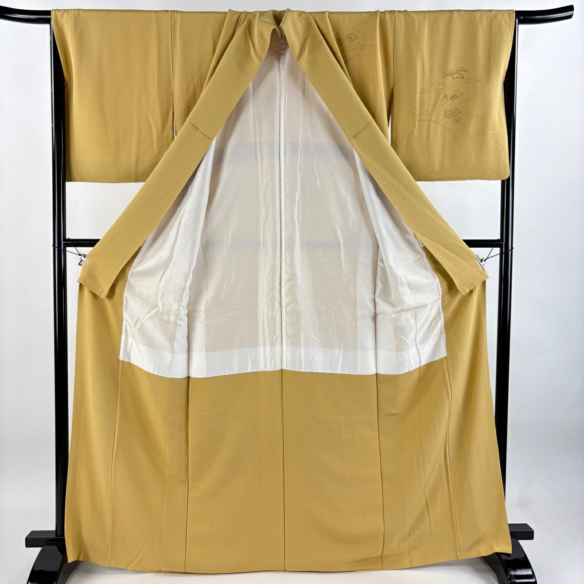 訪問服 身長167.5cm 袖長67.5cm L 雙層 檜扇子 松樹竹子梅花 刺繡 金糸 淡黃土色 純蠶絲 秀品級