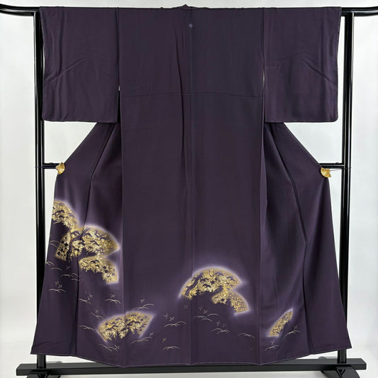 色留袖禮服 身長153.5cm 袖長62.5cm S 雙層 松樹竹子梅花 輪廓 金金箔 金銀彩 深紫 純蠶絲 優品級 一個紋