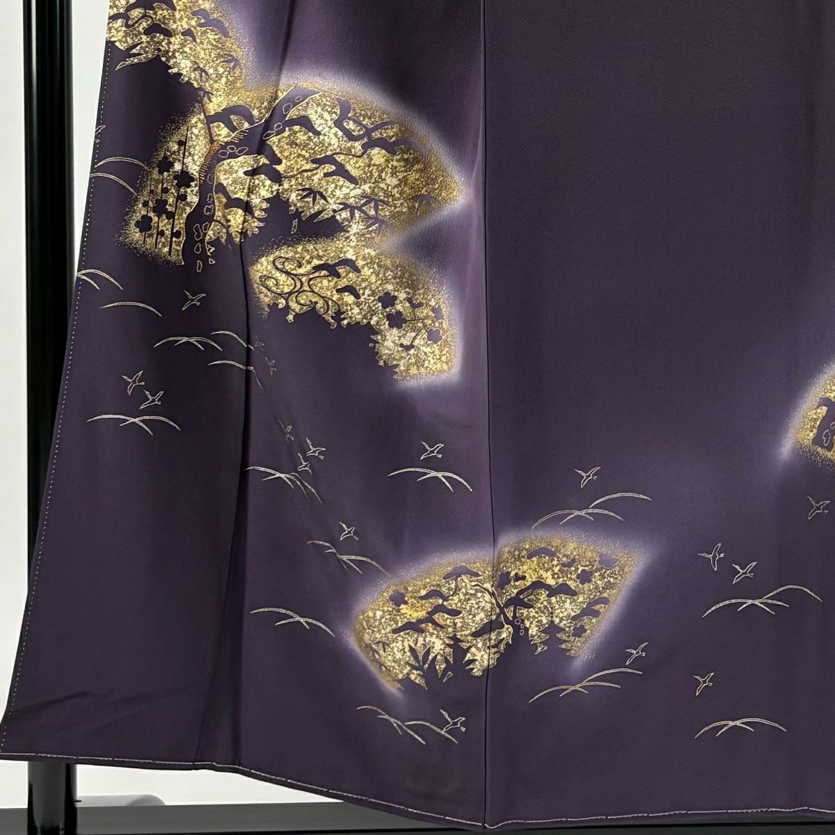 色留袖禮服 身長153.5cm 袖長62.5cm S 雙層 松樹竹子梅花 輪廓 金金箔 金銀彩 深紫 純蠶絲 優品級 一個紋