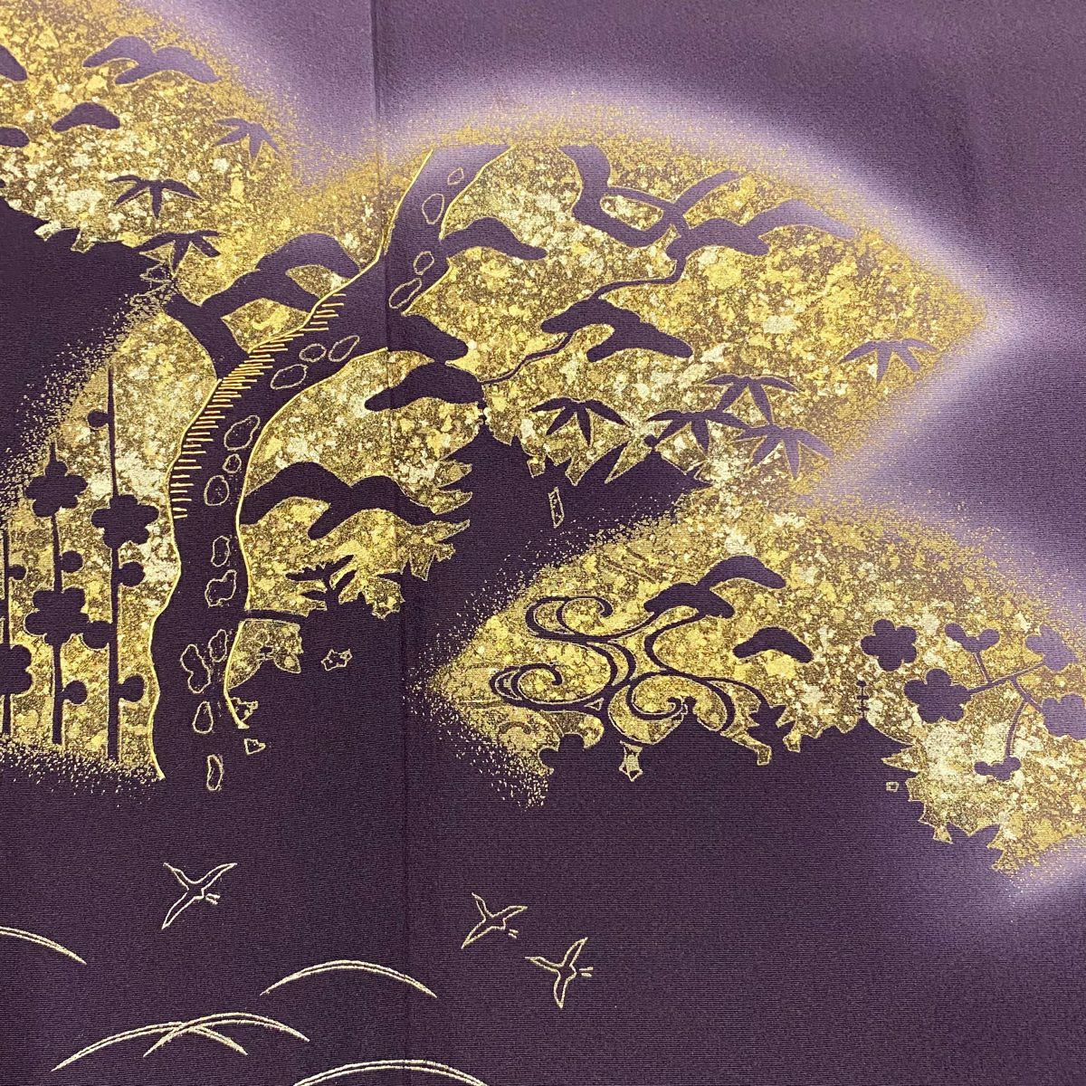 色留袖禮服 身長153.5cm 袖長62.5cm S 雙層 松樹竹子梅花 輪廓 金金箔 金銀彩 深紫 純蠶絲 優品級 一個紋