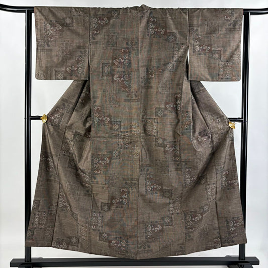 紬織 身長154.5cm 袖長62cm S 雙層 草花紋紋 焦茶 純蠶絲 秀品級