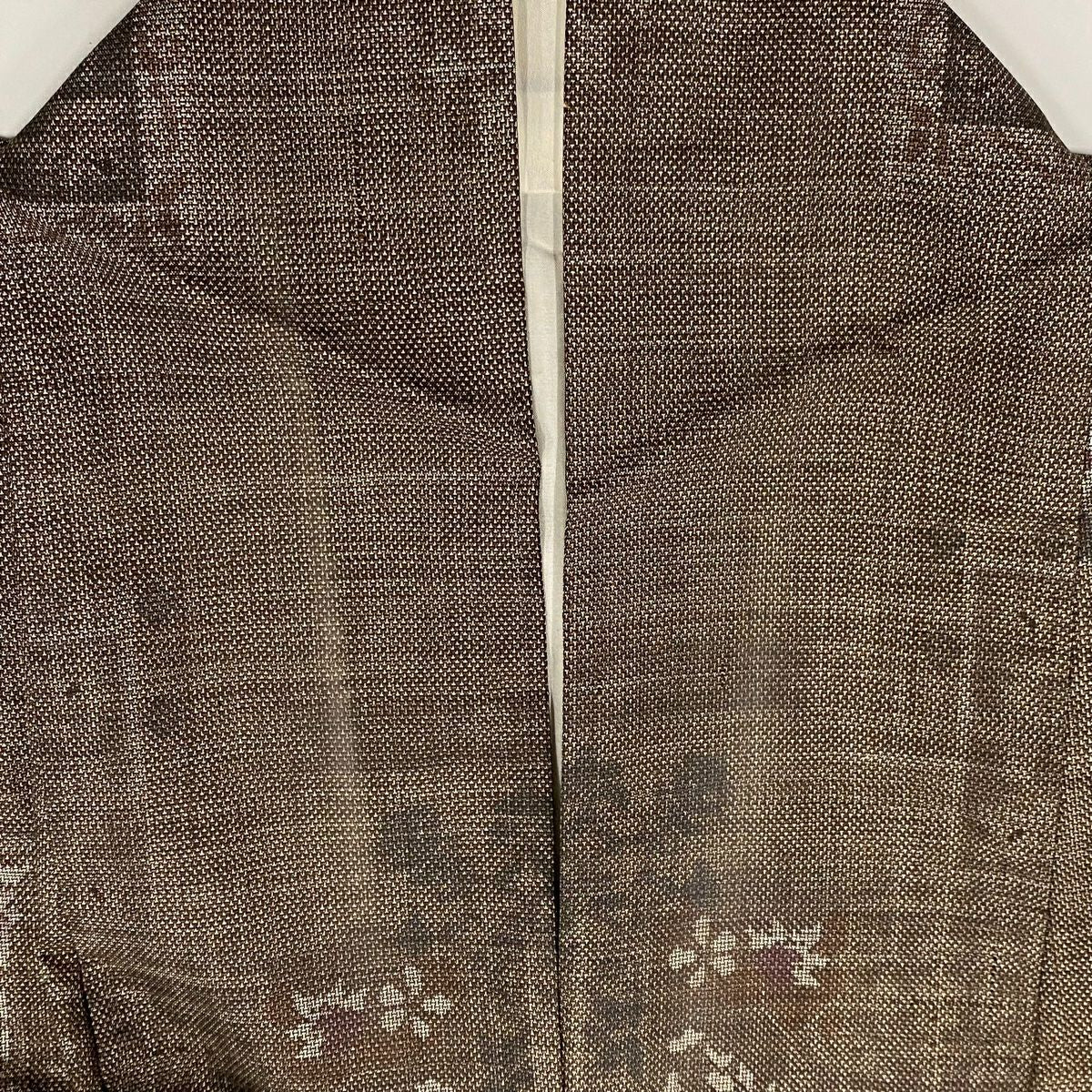 紬織 身長154.5cm 袖長62cm S 雙層 草花紋紋 焦茶 純蠶絲 秀品級
