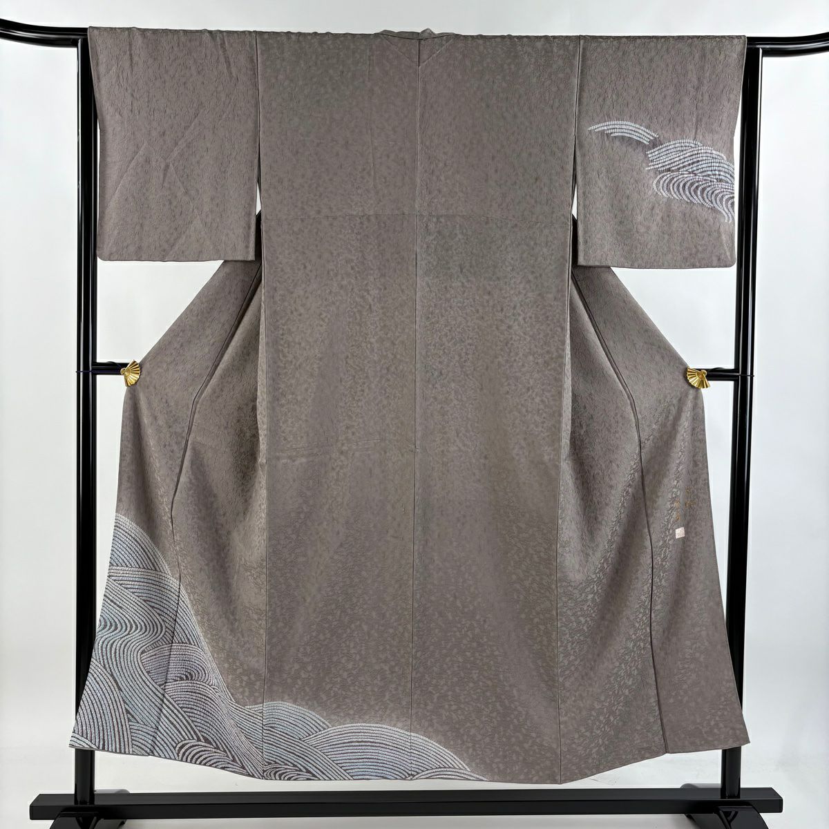 付下 身長151cm 袖長63cm S 雙層 落款 波地紋 絞染 灰茶 純蠶絲 美品 秀品級