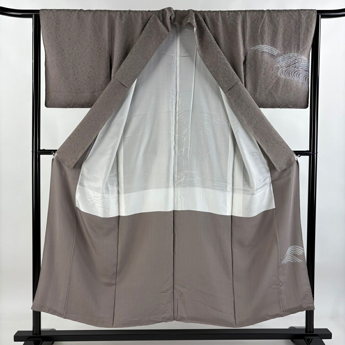 付下 身長151cm 袖長63cm S 雙層 落款 波地紋 絞染 灰茶 純蠶絲 美品 秀品級