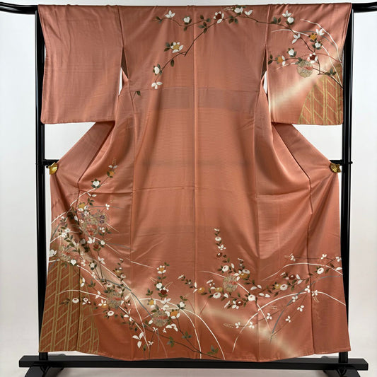 訪問服 身長156cm 袖長66cm M 雙層 鏡裏文 草花紋紋 刺繡 金糸 粉紅 純蠶絲 秀品級