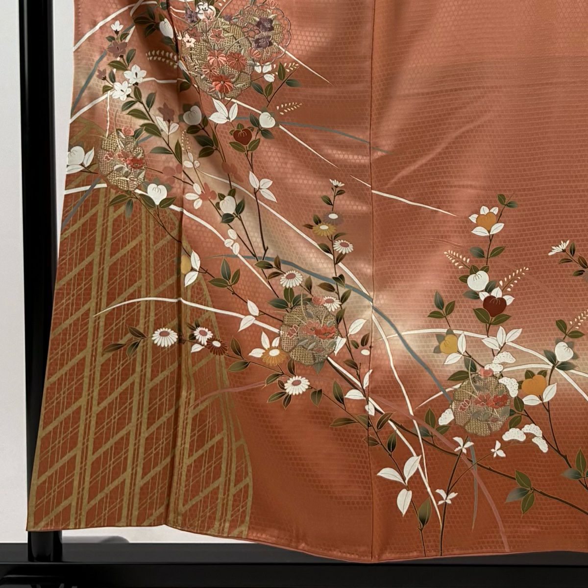 訪問服 身長156cm 袖長66cm M 雙層 鏡裏文 草花紋紋 刺繡 金糸 粉紅 純蠶絲 秀品級