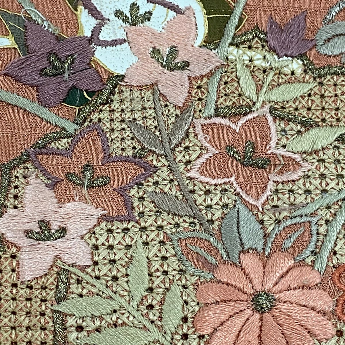 訪問服 身長156cm 袖長66cm M 雙層 鏡裏文 草花紋紋 刺繡 金糸 粉紅 純蠶絲 秀品級