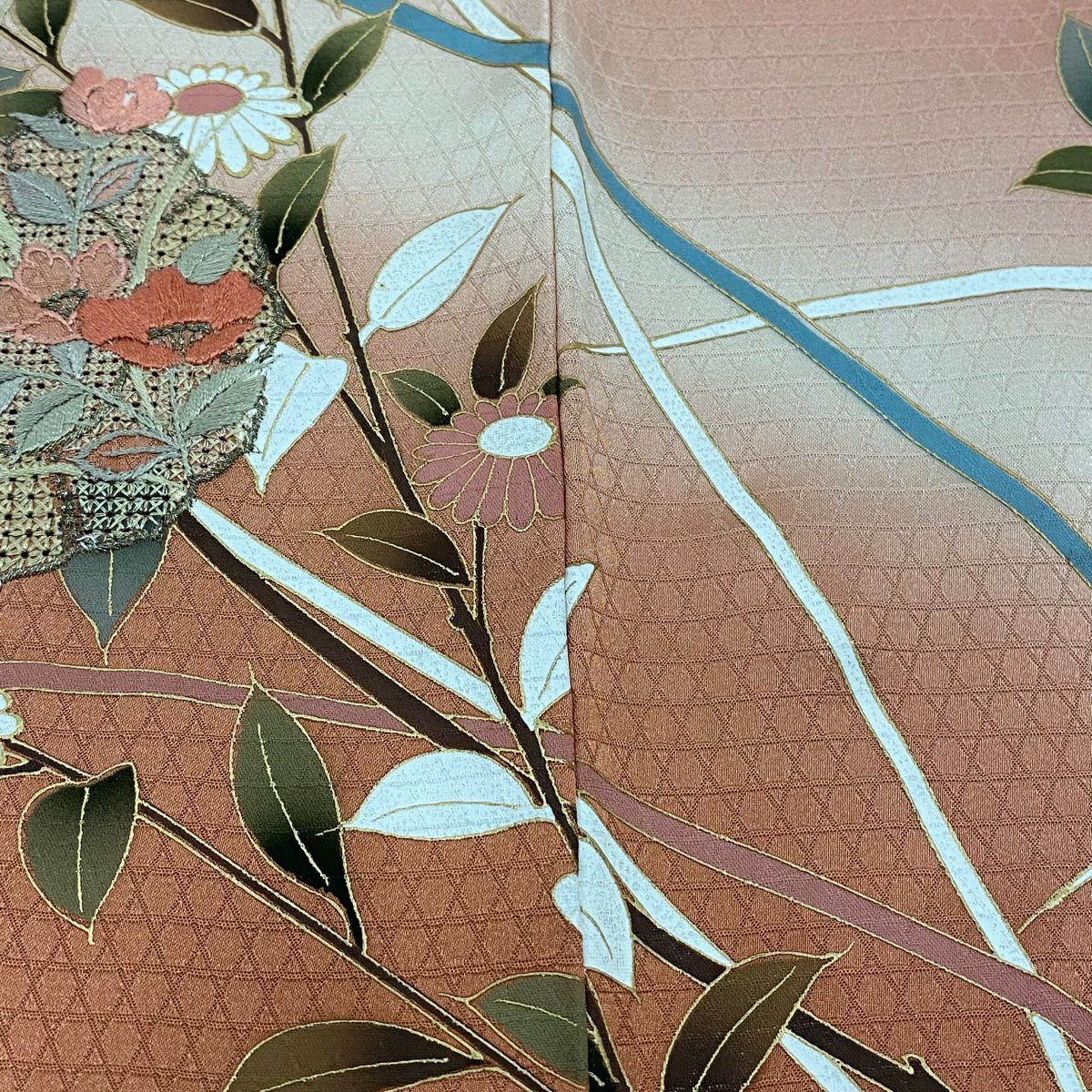 訪問服 身長156cm 袖長66cm M 雙層 鏡裏文 草花紋紋 刺繡 金糸 粉紅 純蠶絲 秀品級