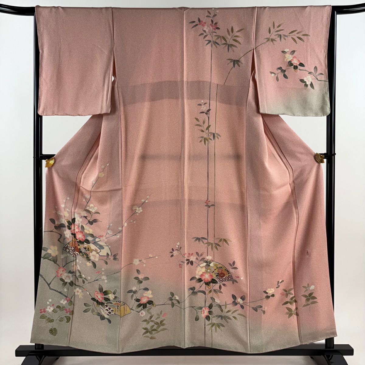 訪問服 身長157cm 袖長65cm M 雙層 落款 草花紋紋 扇子面 金彩裝飾 染分 粉紅 純蠶絲 優品級