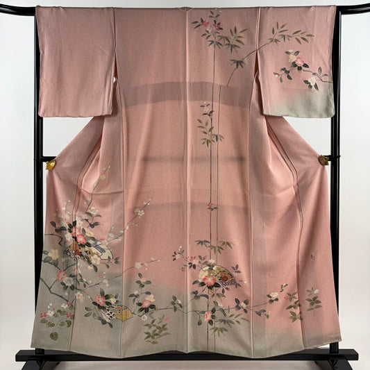 訪問服 身長157cm 袖長65cm M 雙層 落款 草花紋紋 扇子面 金彩裝飾 染分 粉紅 純蠶絲 優品級