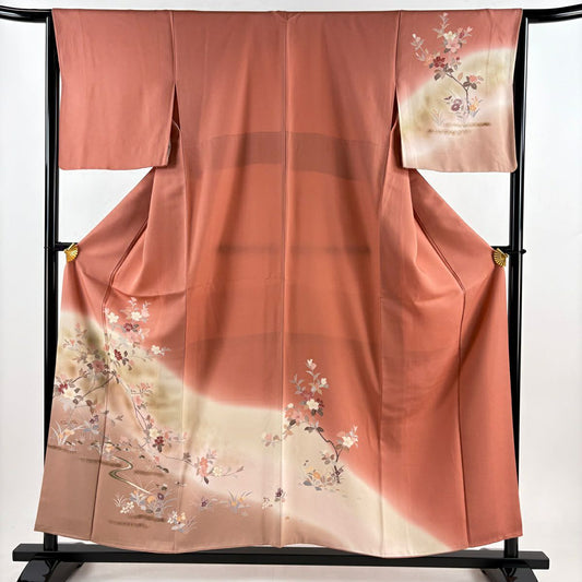 訪問服 身長156cm 袖長64cm M 雙層 草花紋紋 流水 金彩裝飾 漸層 粉紅 純蠶絲 優品級