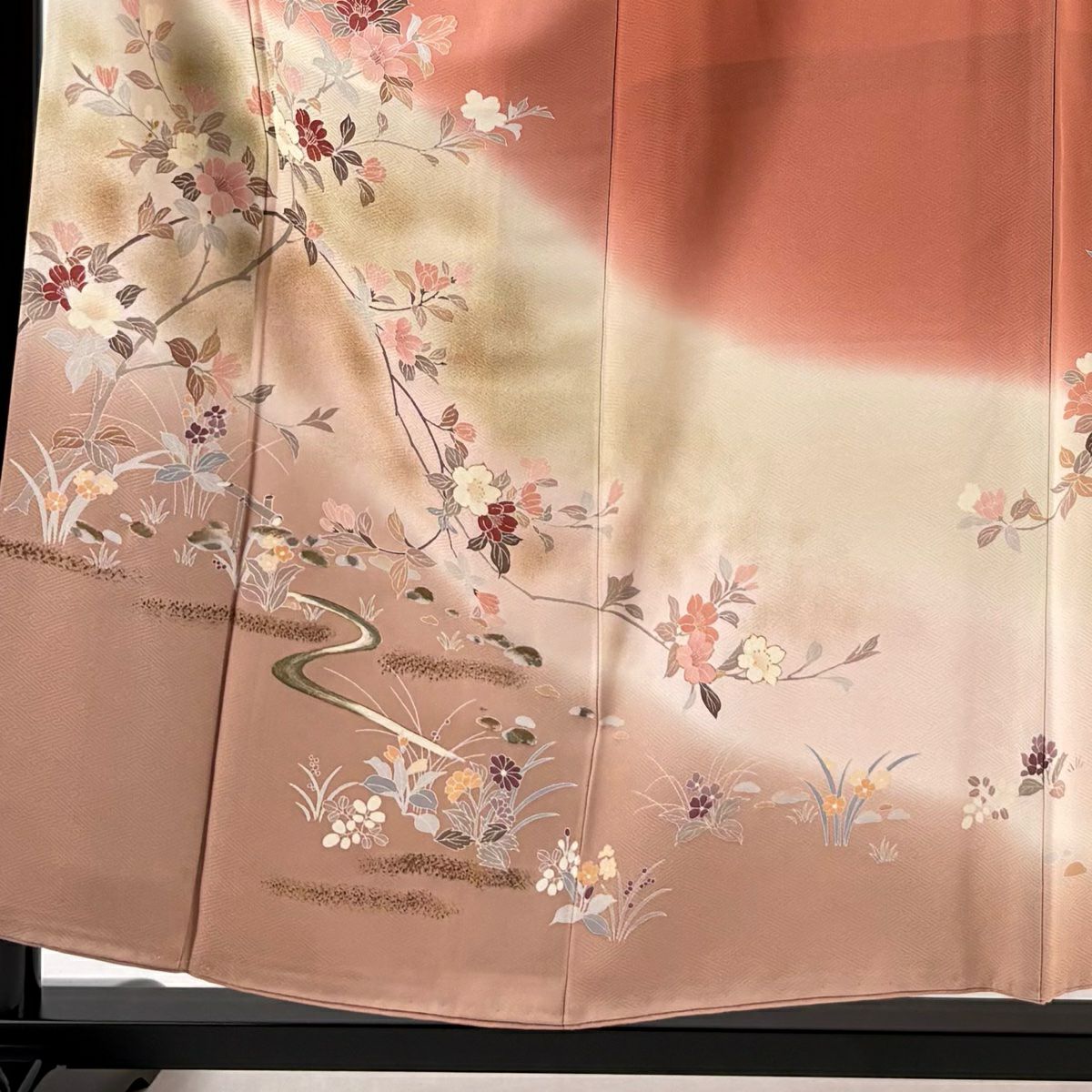 訪問服 身長156cm 袖長64cm M 雙層 草花紋紋 流水 金彩裝飾 漸層 粉紅 純蠶絲 優品級