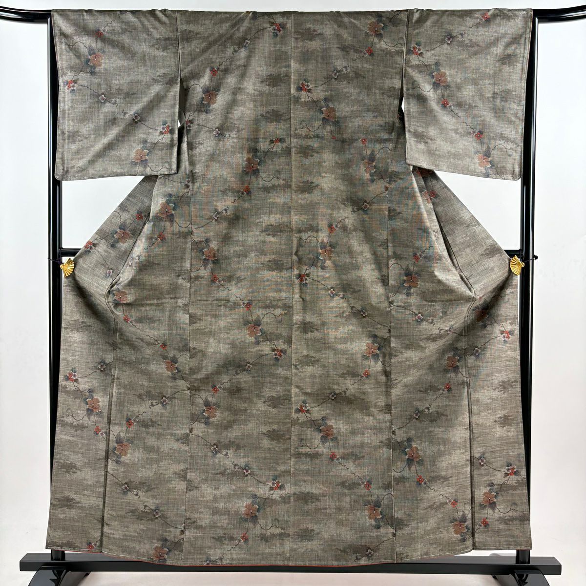紬織 身長159.5cm 袖長65cm M 雙層 草花紋紋 霞 焦茶 純蠶絲 美品 秀品級