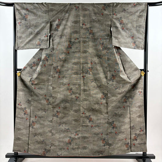 紬織 身長159.5cm 袖長65cm M 雙層 草花紋紋 霞 焦茶 純蠶絲 美品 秀品級