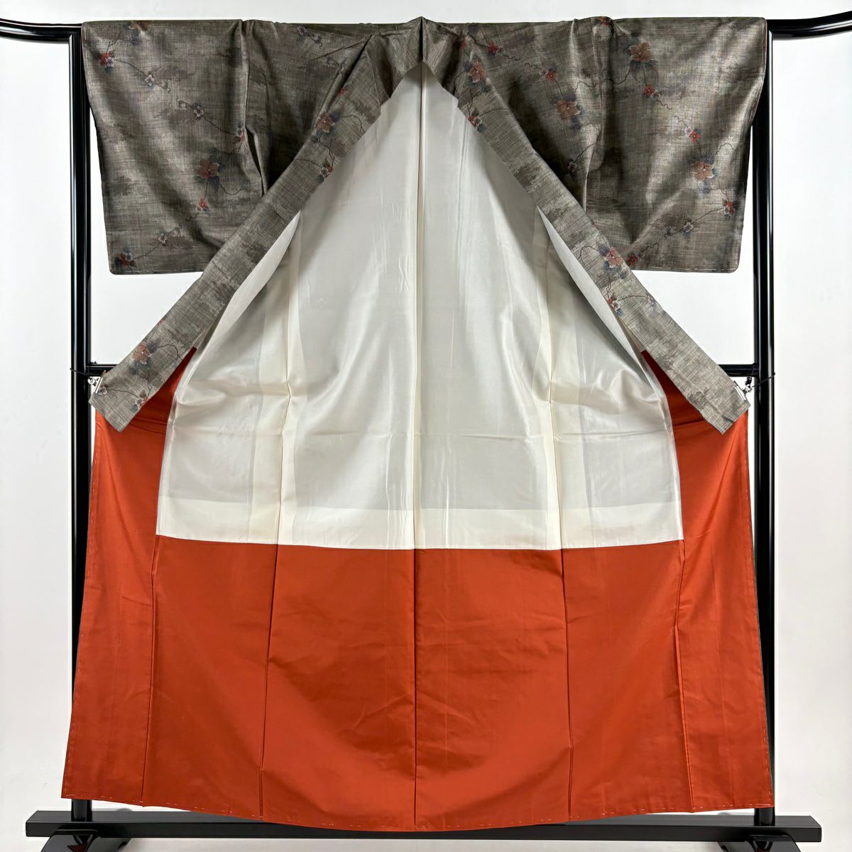 紬織 身長159.5cm 袖長65cm M 雙層 草花紋紋 霞 焦茶 純蠶絲 美品 秀品級