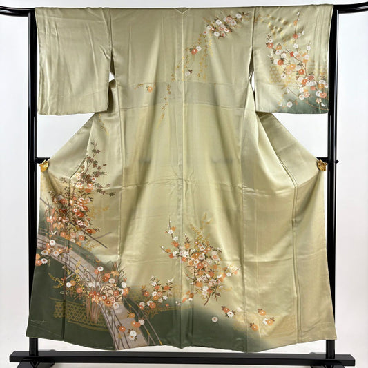 訪問服 身長154.5cm 袖長64.5cm M 雙層 草花紋紋 橋 金銀彩 漸層 灰綠 純蠶絲 優品級