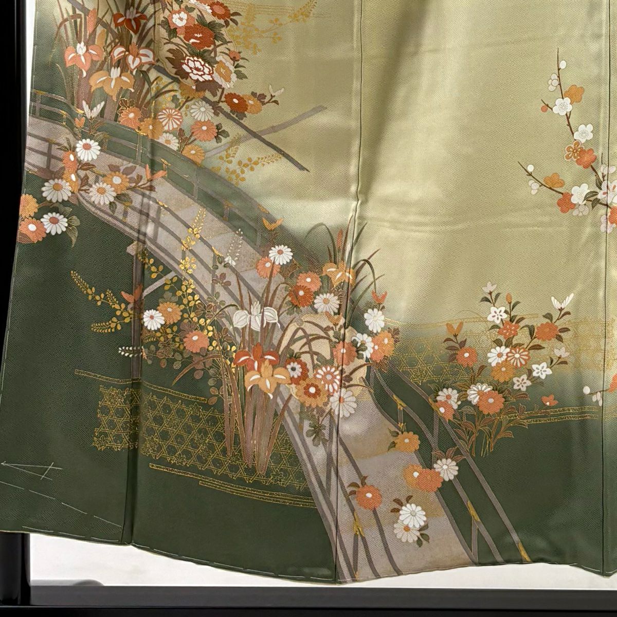 訪問服 身長154.5cm 袖長64.5cm M 雙層 草花紋紋 橋 金銀彩 漸層 灰綠 純蠶絲 優品級