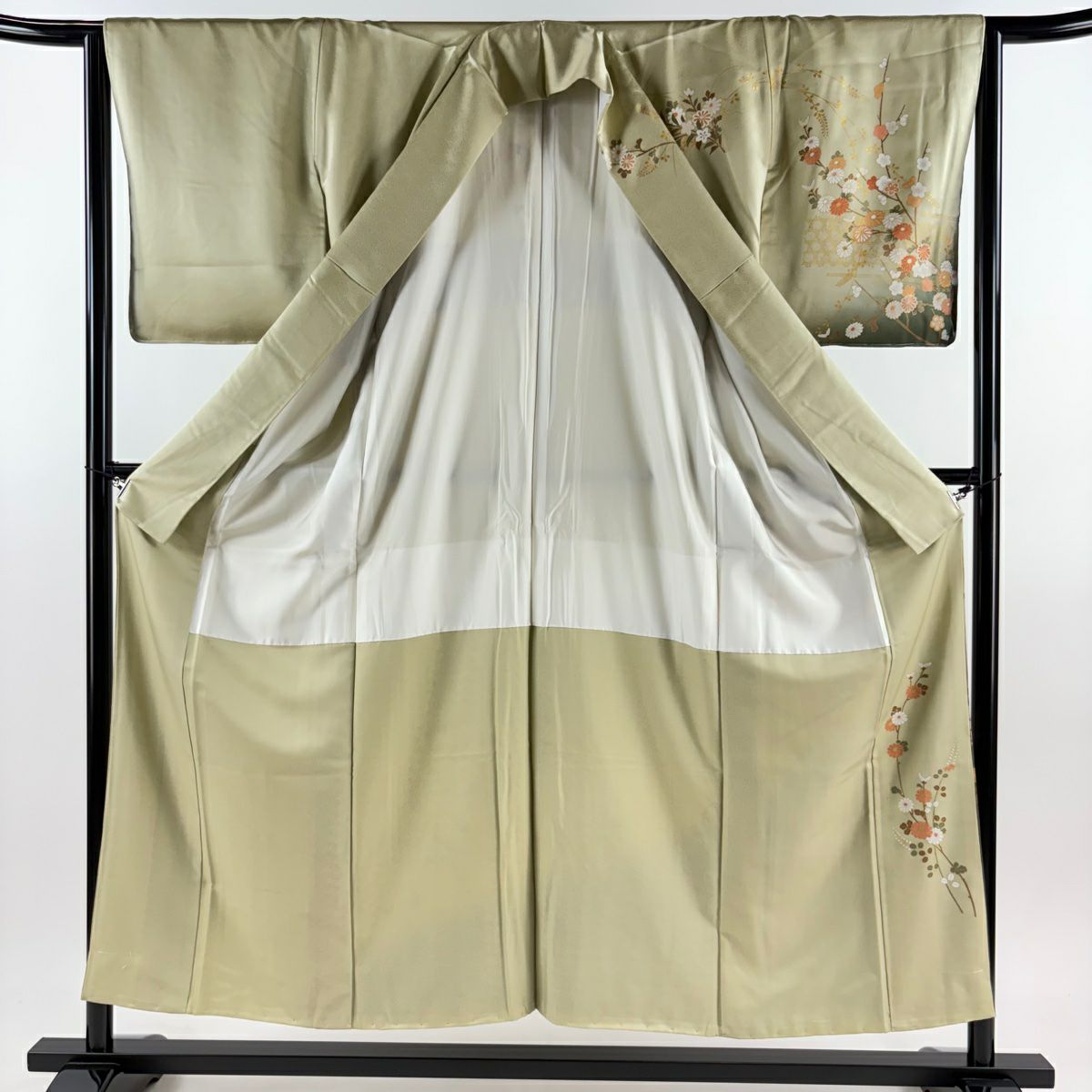 訪問服 身長154.5cm 袖長64.5cm M 雙層 草花紋紋 橋 金銀彩 漸層 灰綠 純蠶絲 優品級