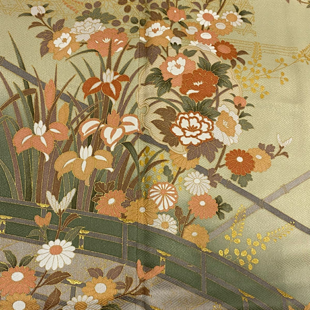 訪問服 身長154.5cm 袖長64.5cm M 雙層 草花紋紋 橋 金銀彩 漸層 灰綠 純蠶絲 優品級