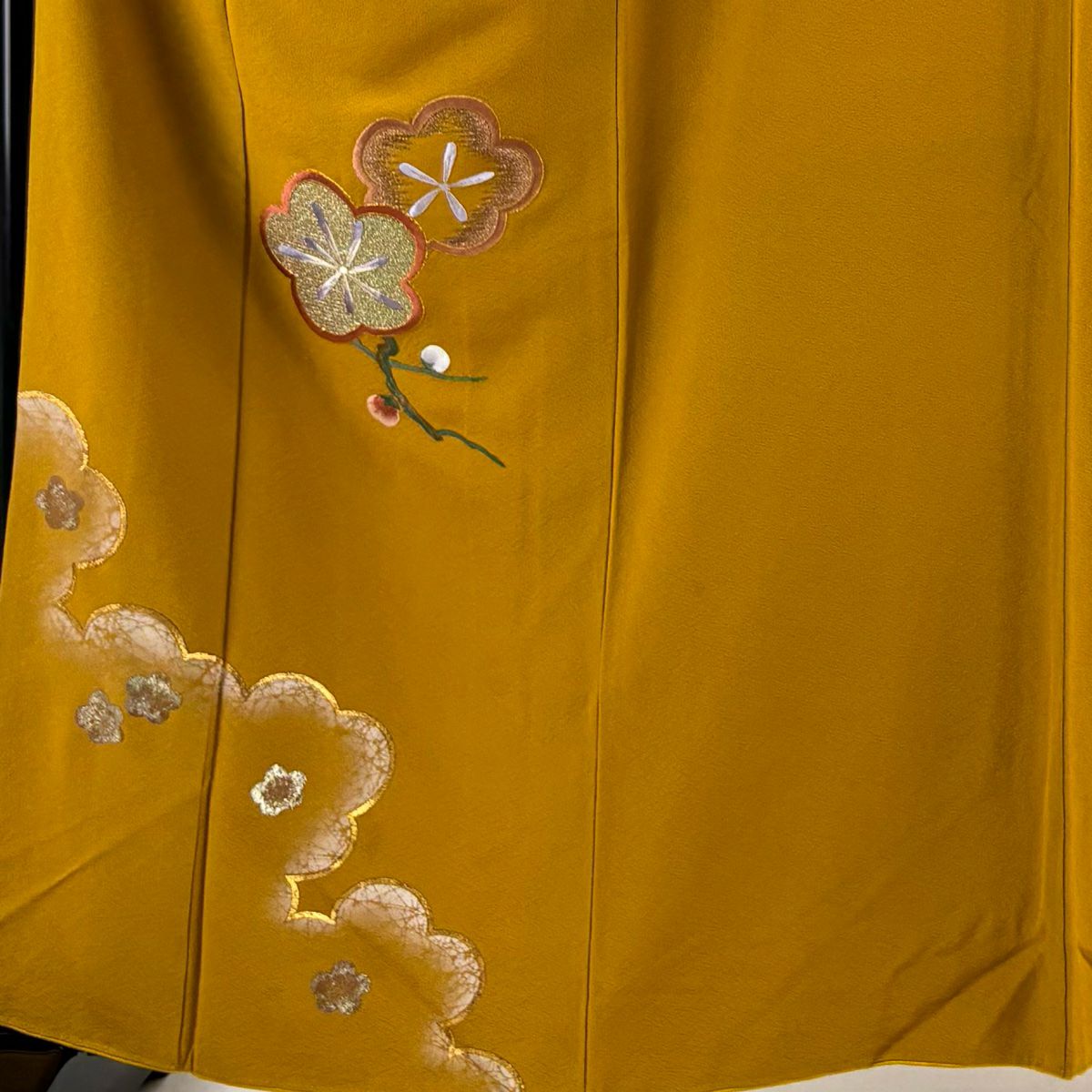 付下 身長161cm 袖長65.5cm M 雙層 梅花 刺繡 金銀彩 山吹茶 純蠶絲 秀品級