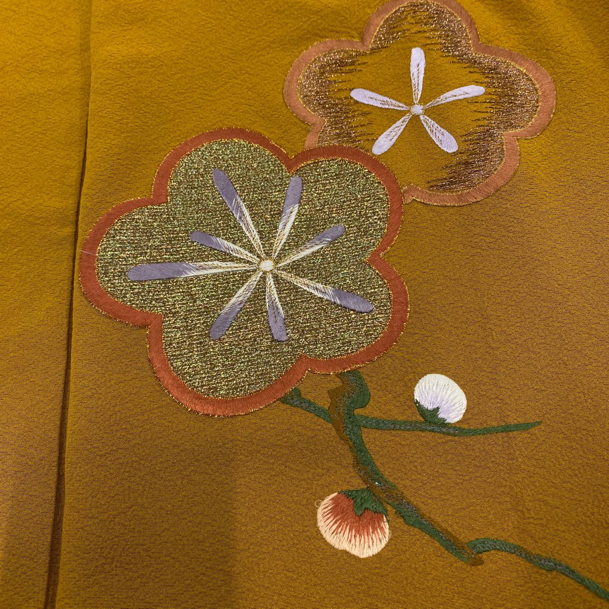 付下 身長161cm 袖長65.5cm M 雙層 梅花 刺繡 金銀彩 山吹茶 純蠶絲 秀品級