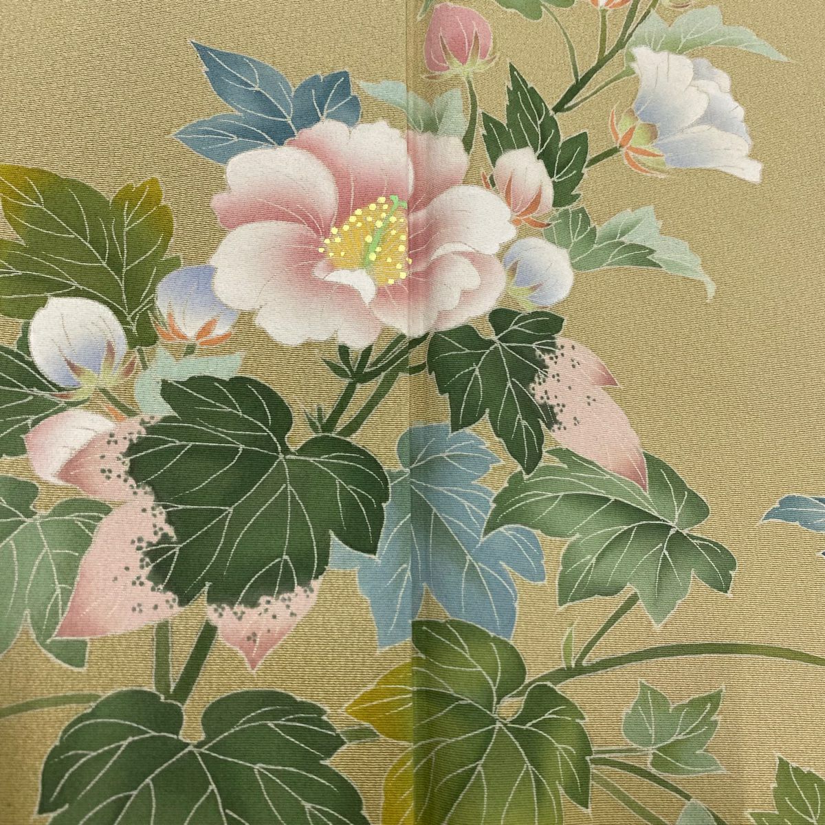 付下 身長155cm 袖長61.5cm S 雙層 落款有 枝花 草花紋 染分 ぼかし 淡黃土 純蠶絲 秀品級 一個紋
