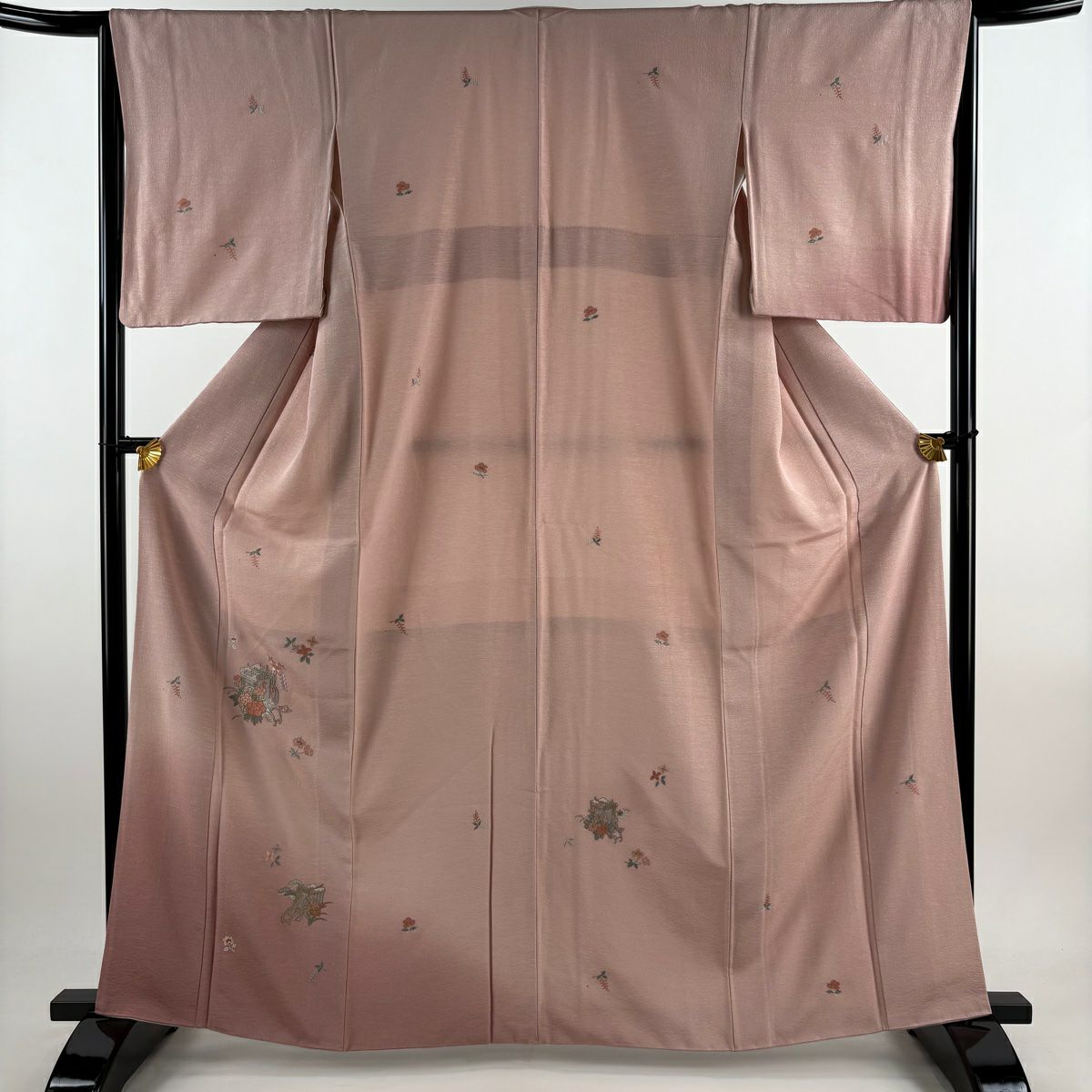 付下 身長162.5cm 袖長65cm M 雙層 御所車 草花紋刺繡 金線 粉紅 純蠶絲 優品級