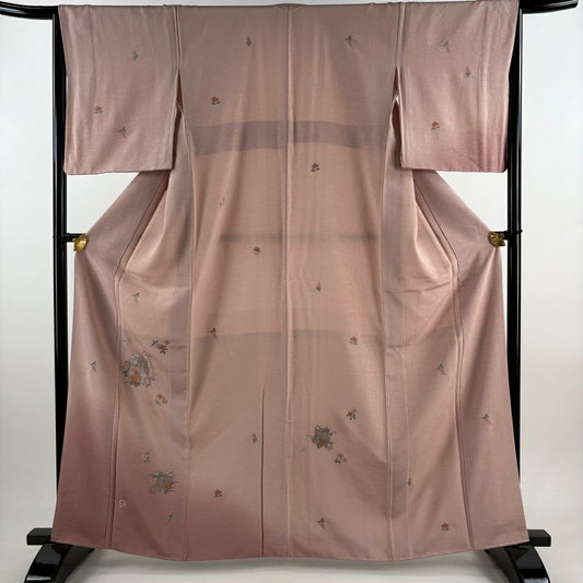 付下 身長162.5cm 袖長65cm M 雙層 御所車 草花紋刺繡 金線 粉紅 純蠶絲 優品級