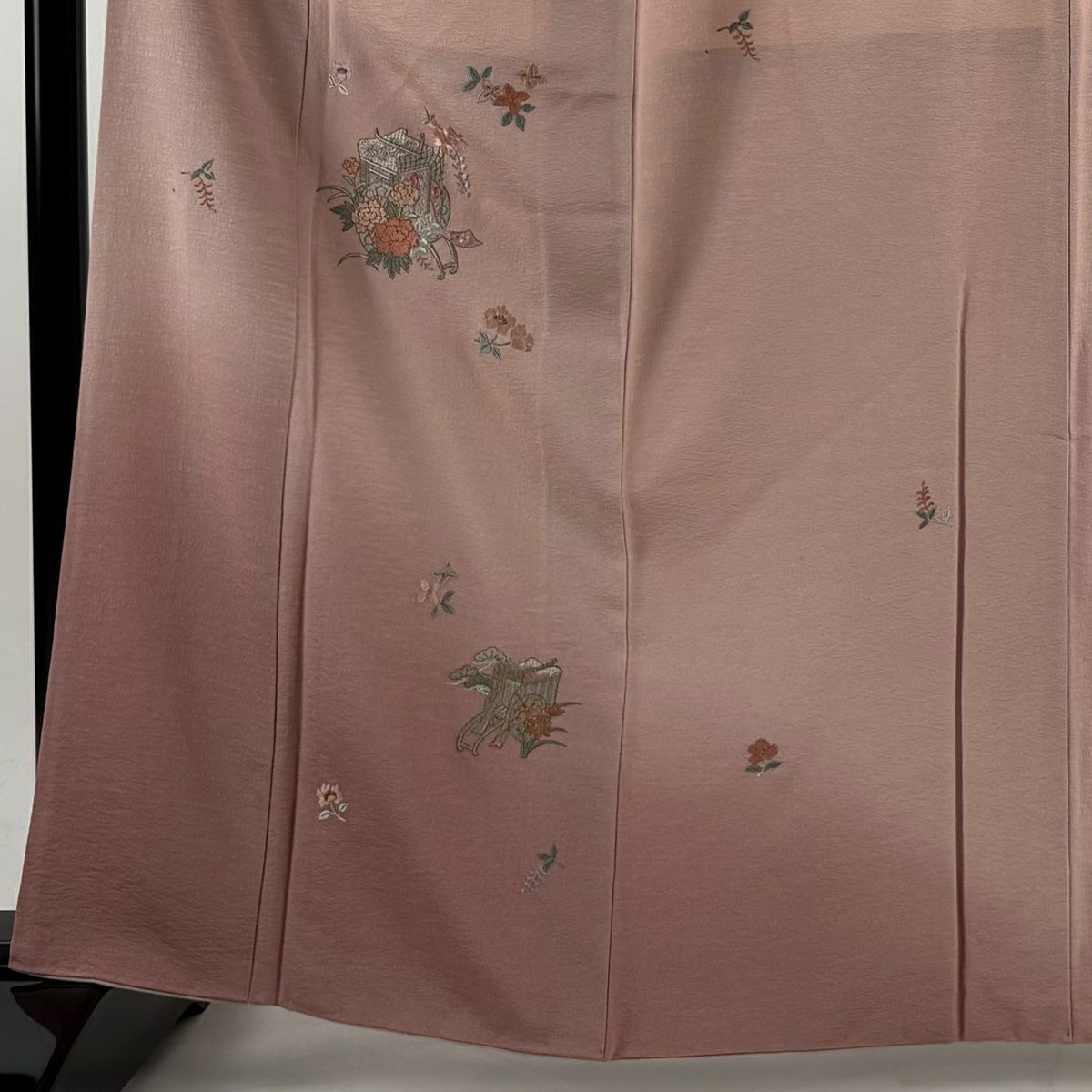 付下 身長162.5cm 袖長65cm M 雙層 御所車 草花紋刺繡 金線 粉紅 純蠶絲 優品級
