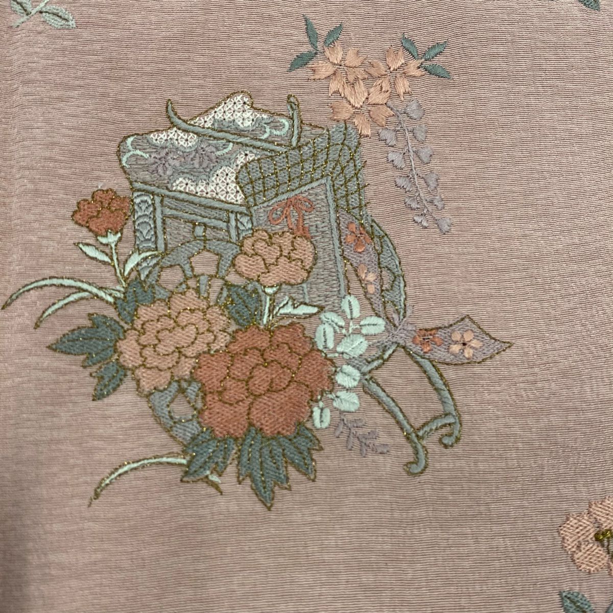 付下 身長162.5cm 袖長65cm M 雙層 御所車 草花紋刺繡 金線 粉紅 純蠶絲 優品級