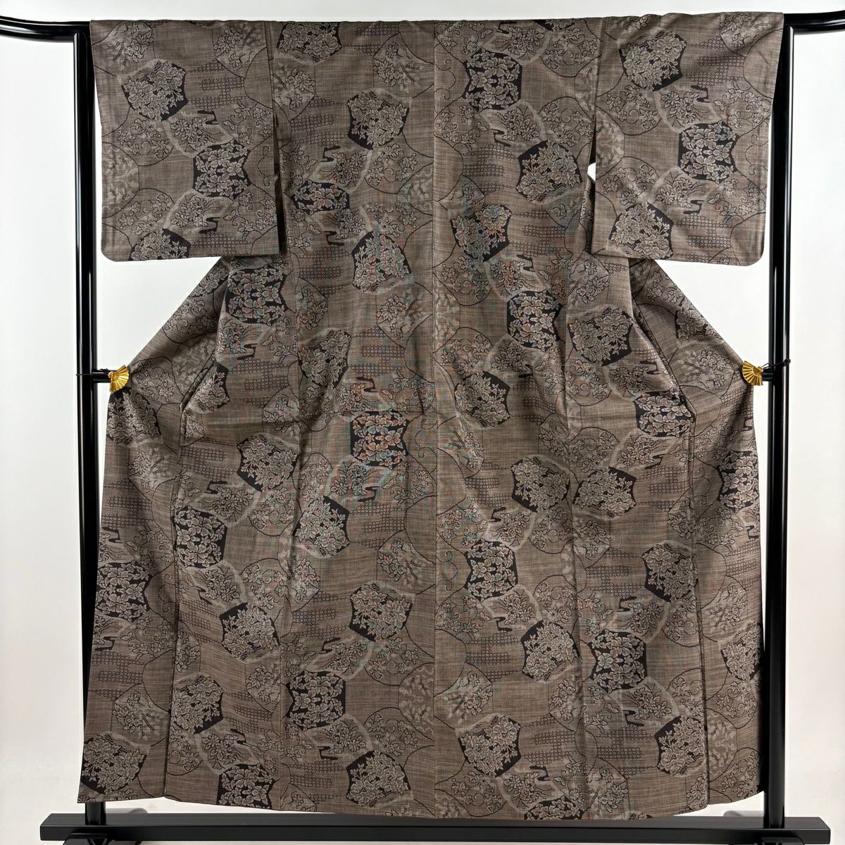 【美品】 紬織 身長157cm 袖長64cm M 雙層 花唐草紋 寄せ紋 焦茶 純蠶絲 秀品級