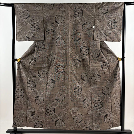 【美品】 紬織 身長157cm 袖長64cm M 雙層 花唐草紋 寄せ紋 焦茶 純蠶絲 秀品級