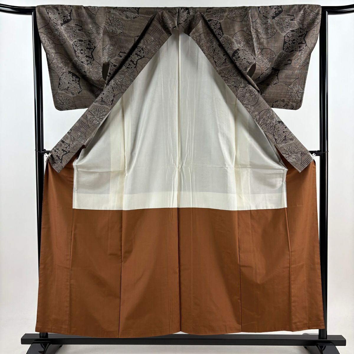 【美品】 紬織 身長157cm 袖長64cm M 雙層 花唐草紋 寄せ紋 焦茶 純蠶絲 秀品級