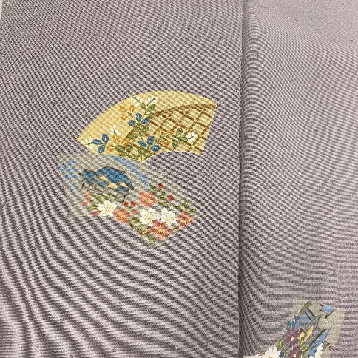 小紋 身長162cm 袖長62cm S 雙層 扇子面 草花紋紋 金彩裝飾 灰紫 純蠶絲 秀品級