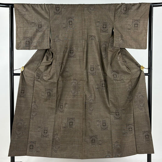 紬織 身長151.5cm 袖長64cm M 雙層 花紋 幾何圖案 茶 純蠶絲 優品級