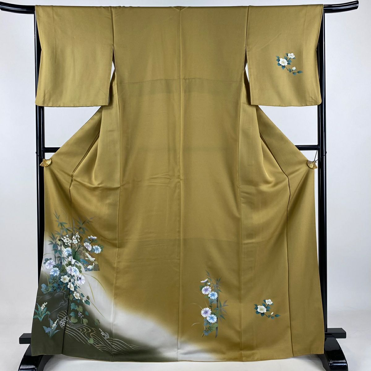 付下 身長169cm 袖長66.5cm M 雙層 扇子面 花鳥 金銀彩 漸層 黃土 純蠶絲 優品級