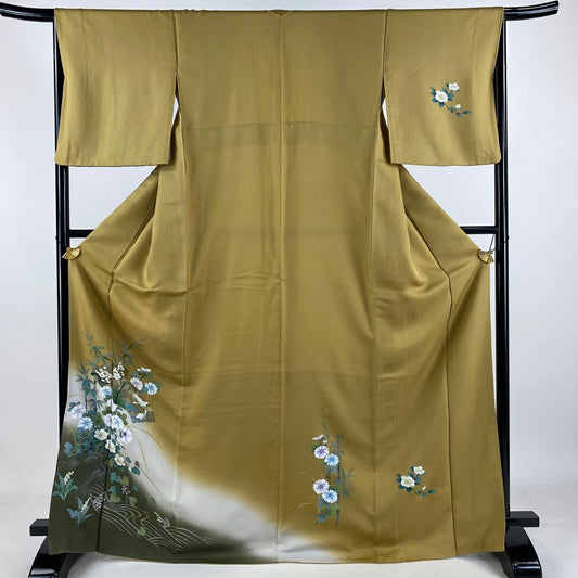付下 身長169cm 袖長66.5cm M 雙層 扇子面 花鳥 金銀彩 漸層 黃土 純蠶絲 優品級