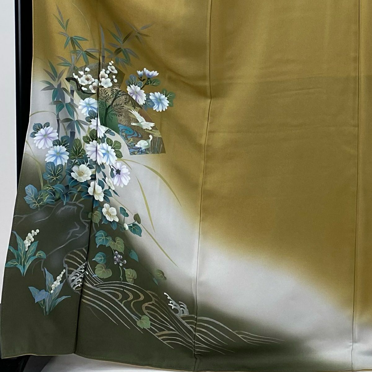 付下 身長169cm 袖長66.5cm M 雙層 扇子面 花鳥 金銀彩 漸層 黃土 純蠶絲 優品級