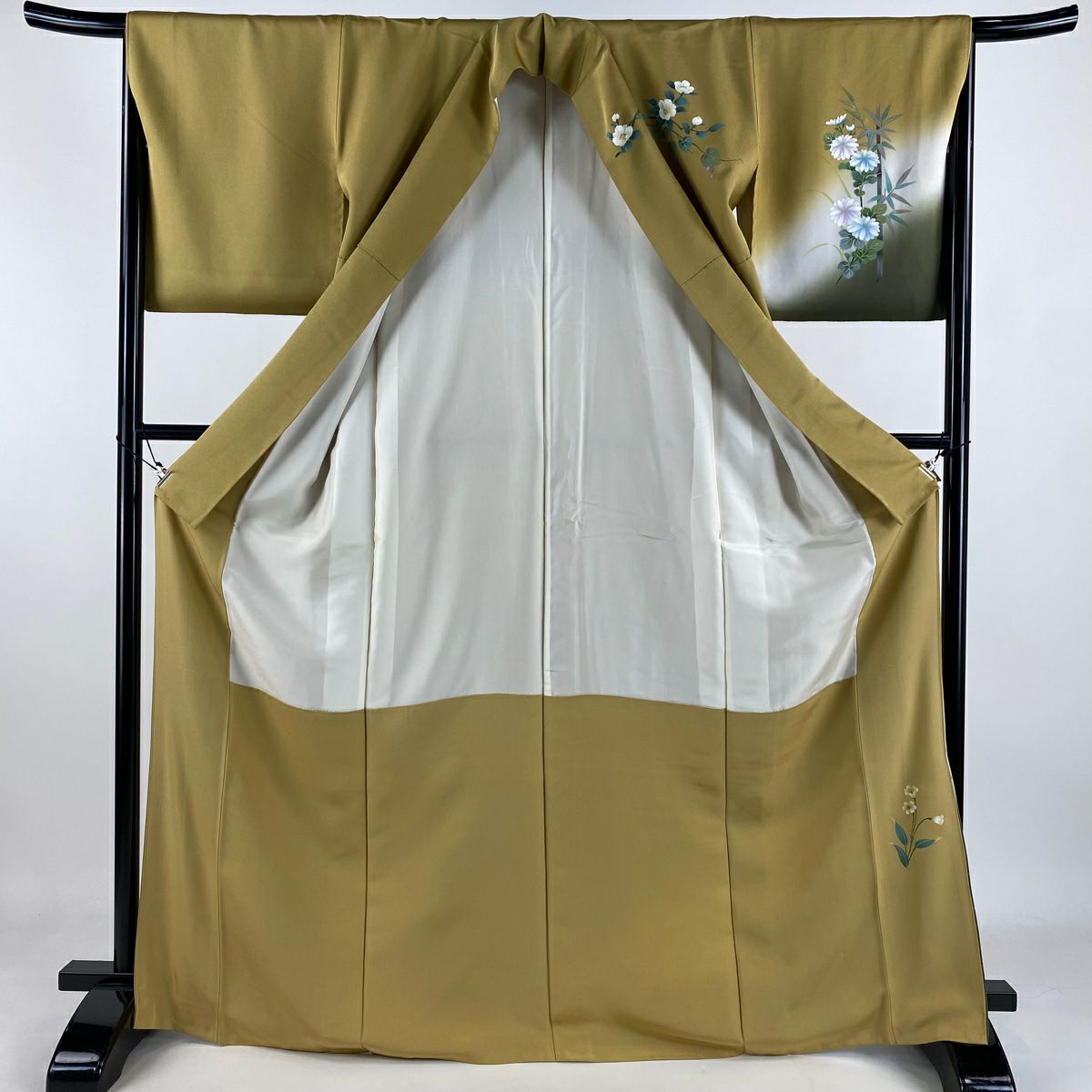 付下 身長169cm 袖長66.5cm M 雙層 扇子面 花鳥 金銀彩 漸層 黃土 純蠶絲 優品級