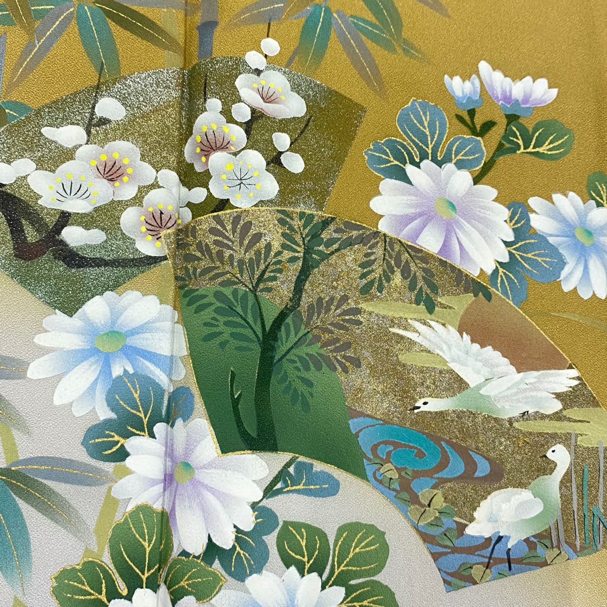 付下 身長169cm 袖長66.5cm M 雙層 扇子面 花鳥 金銀彩 漸層 黃土 純蠶絲 優品級
