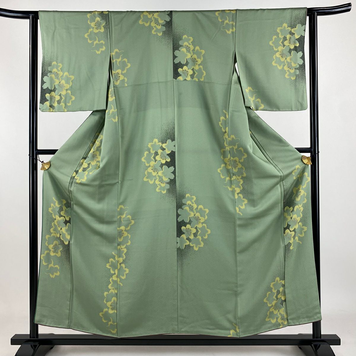 小紋 身長155cm 袖長62.5cm S 雙層 櫻花 金彩裝飾 淺綠 純蠶絲 優品級