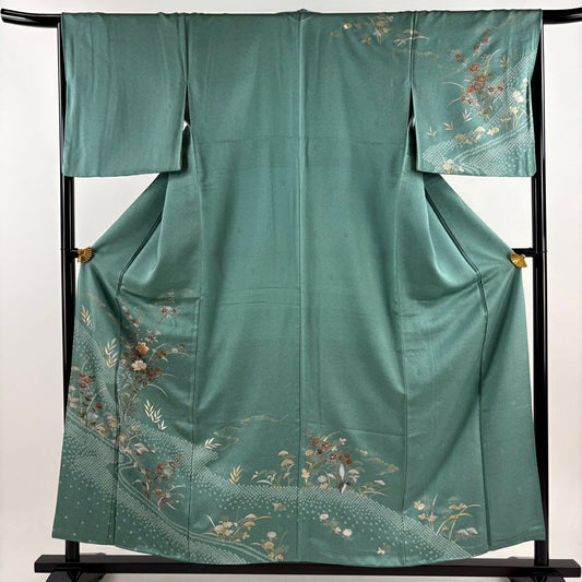 訪問服 身長156.5cm 袖長67cm M 雙層 草花紋紋 霞 絞染 金銀彩 淺綠 純蠶絲 秀品級