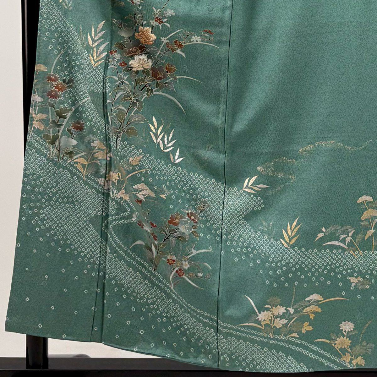 訪問服 身長156.5cm 袖長67cm M 雙層 草花紋紋 霞 絞染 金銀彩 淺綠 純蠶絲 秀品級