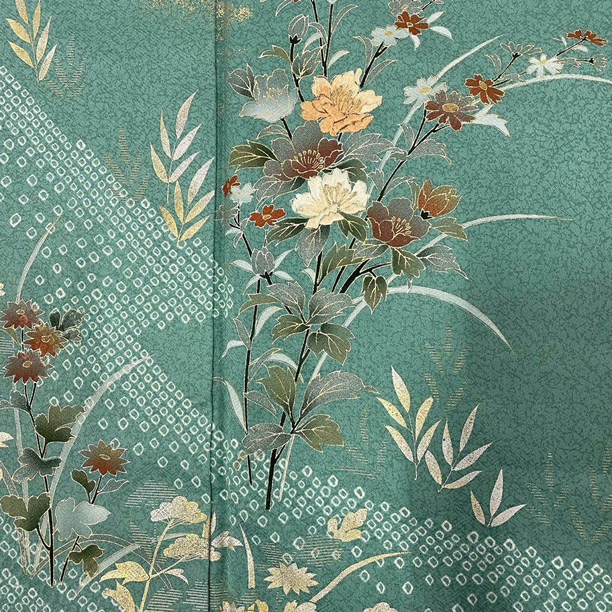 訪問服 身長156.5cm 袖長67cm M 雙層 草花紋紋 霞 絞染 金銀彩 淺綠 純蠶絲 秀品級