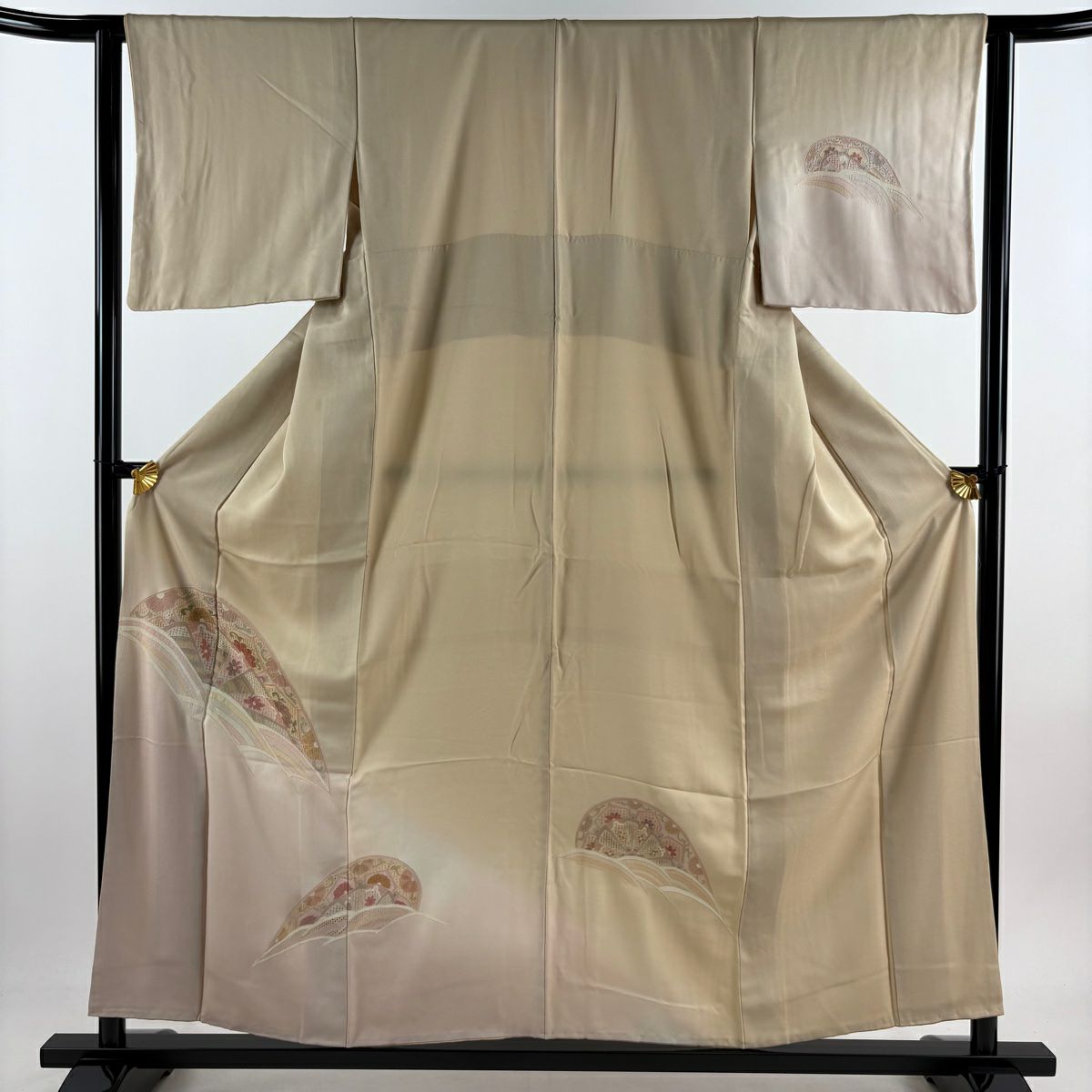 付下 身長156.5cm 袖長63.5cm S 雙層 草花紋紋 片輪車刺繡 漸層 米色 純蠶絲 優品級
