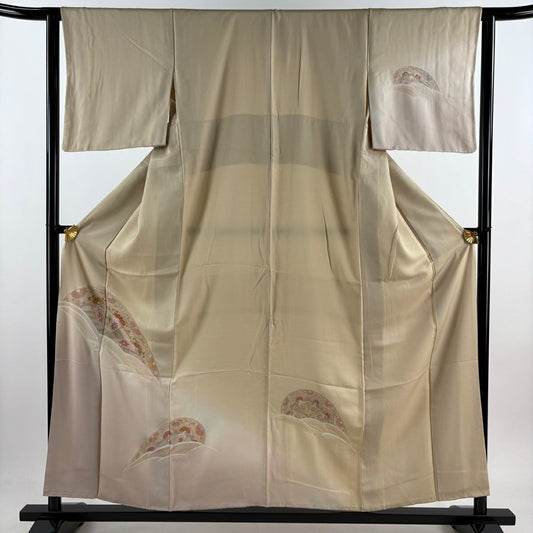 付下 身長156.5cm 袖長63.5cm S 雙層 草花紋紋 片輪車刺繡 漸層 米色 純蠶絲 優品級