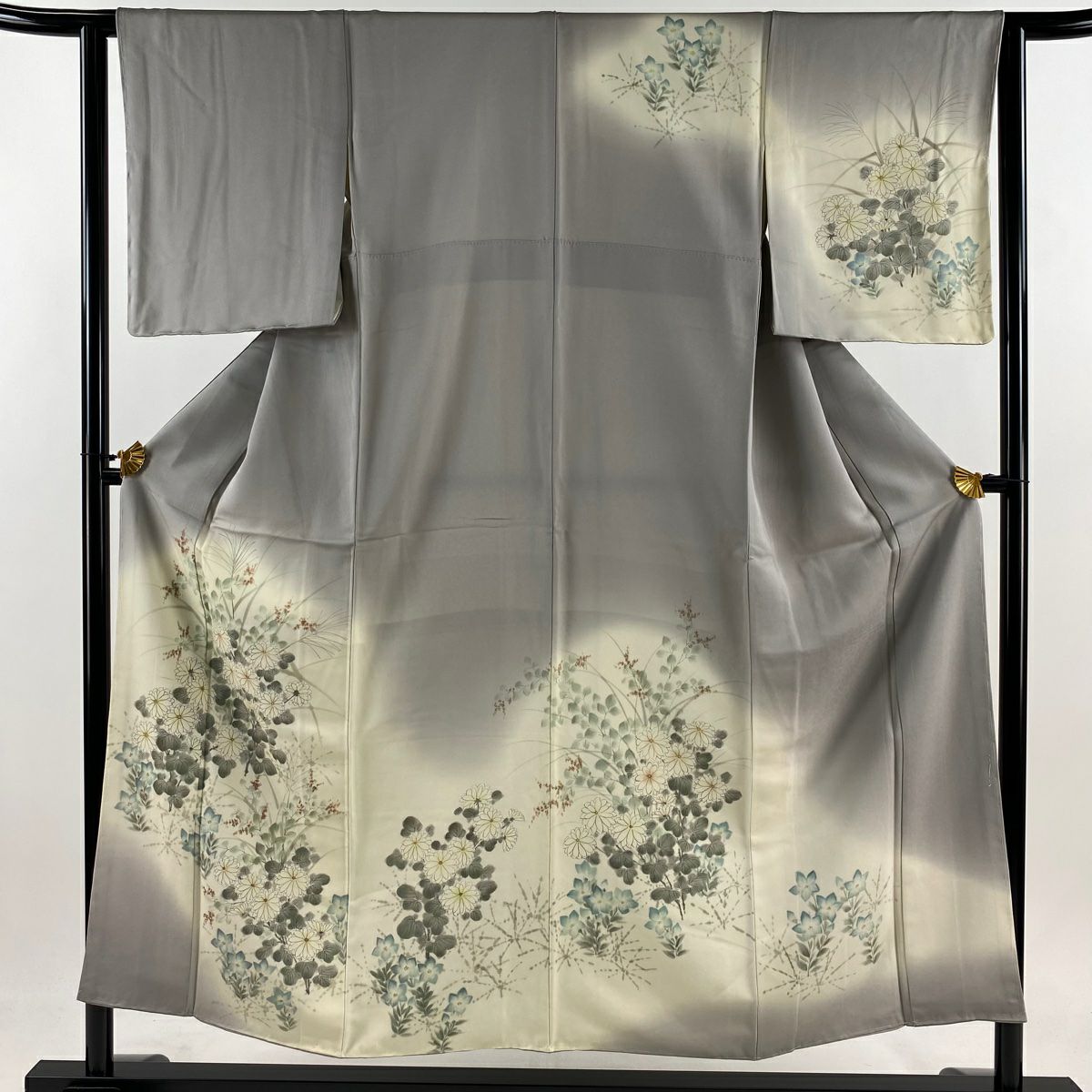 訪問服 身長152.5cm 袖長62.5cm S 雙層 菊花 桔梗 漸層 灰 純蠶絲 秀品級