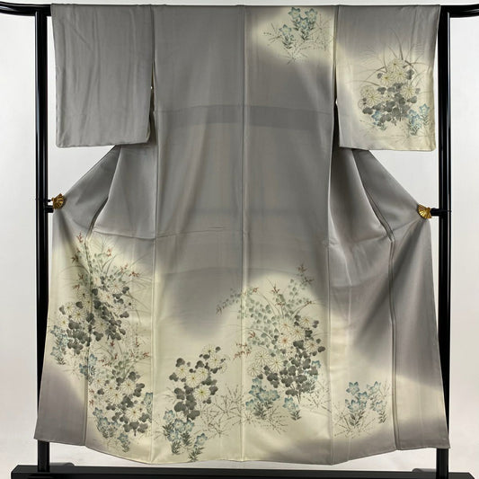 訪問服 身長152.5cm 袖長62.5cm S 雙層 菊花 桔梗 漸層 灰 純蠶絲 秀品級