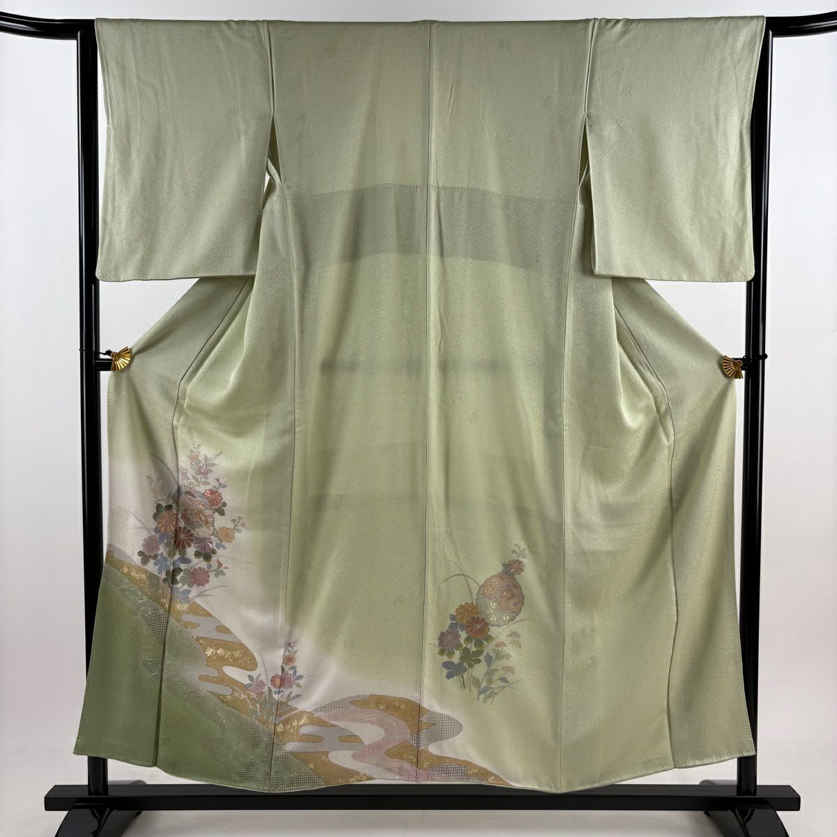 訪問服 身長154cm 袖長64cm M 雙層 雪輪 菊花 刺繡 金彩裝飾 薄綠 純蠶絲 秀品級